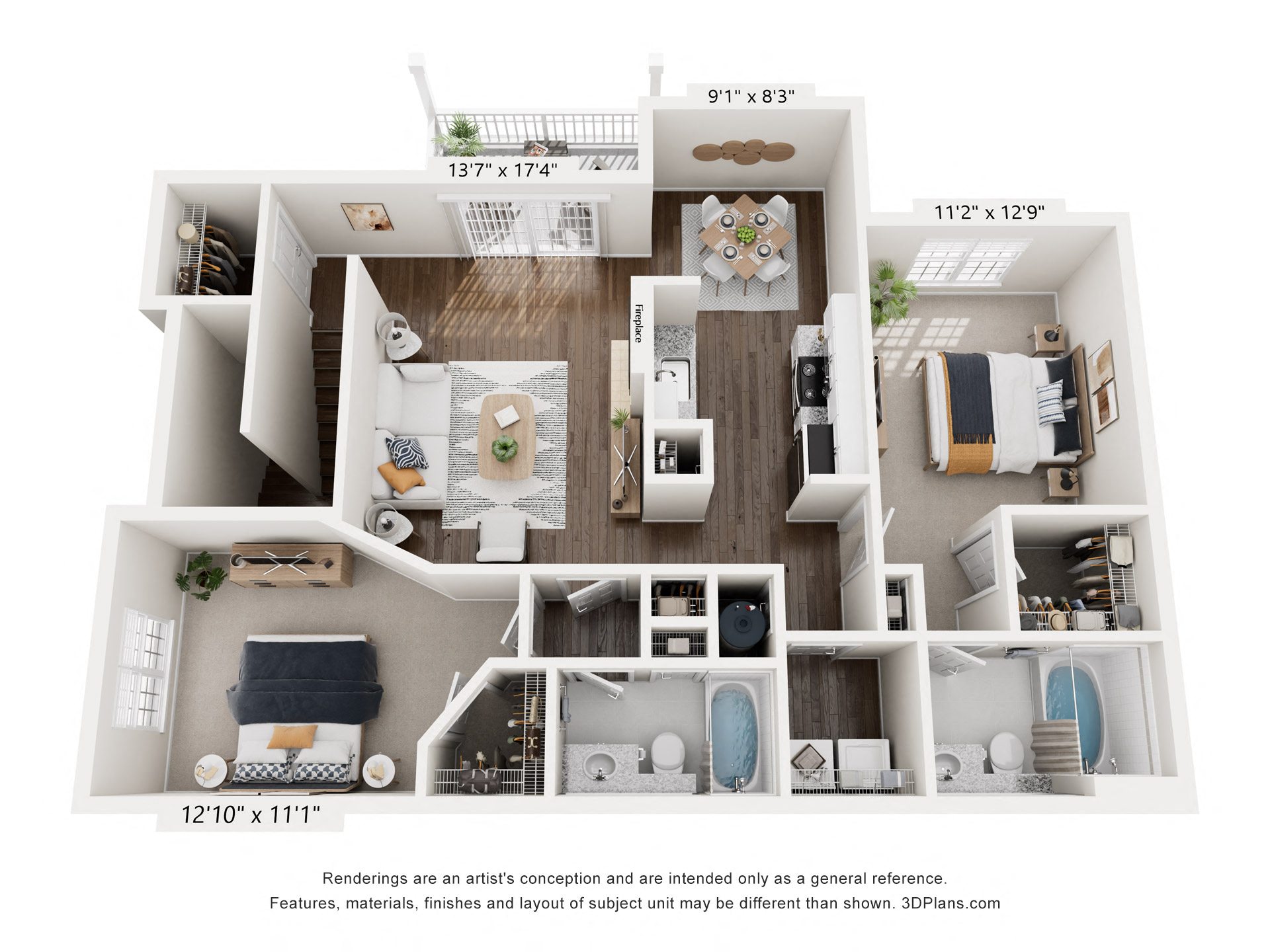 Floor plan for 2 beds, 2 baths, 1192 sqft